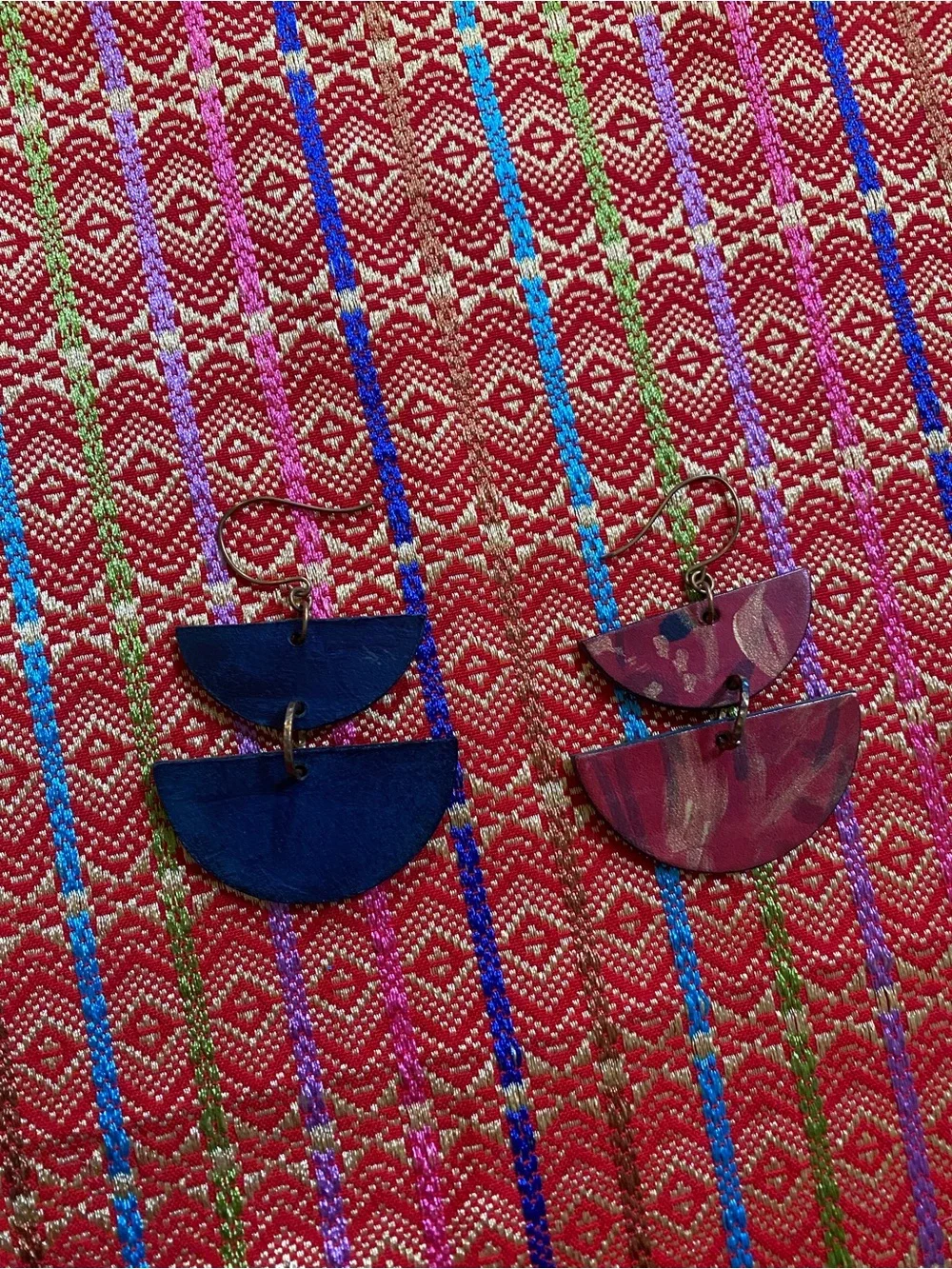 Handmade 100% Leather pink bronze blue fan dangle earrings. New. high quality